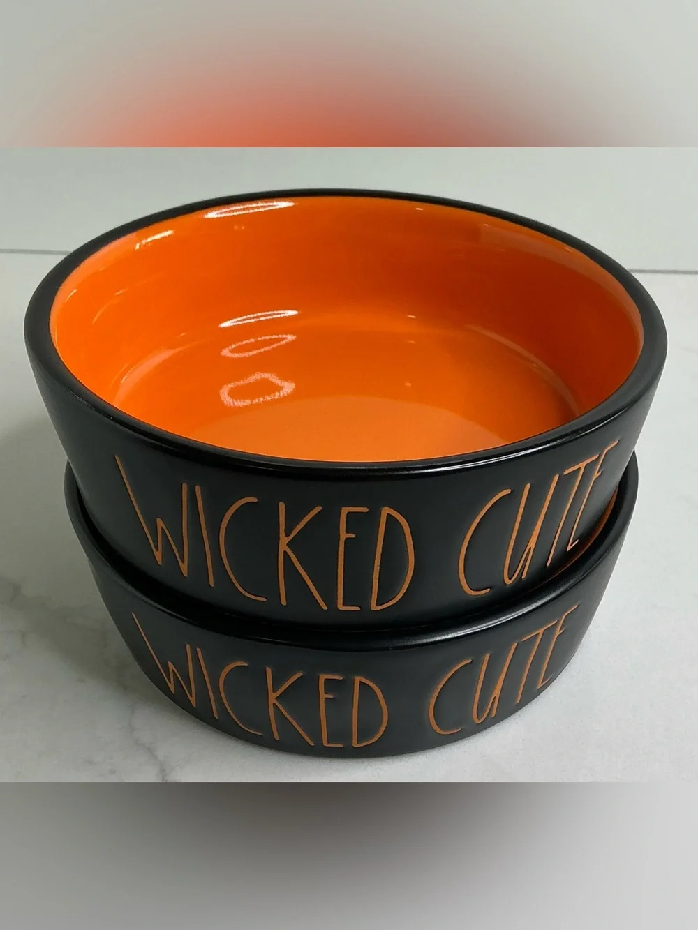 2 Rae Dunn Food Water Bowl Wicked Cute Dog Cat Small Ceramic Halloween Orange